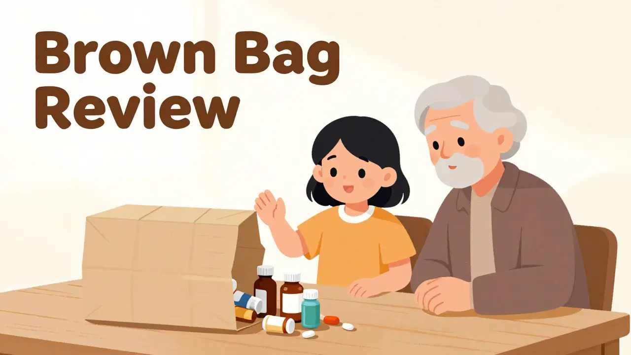 A person and a senior reviewing various medicine bottles taken out of a brown paper bag.