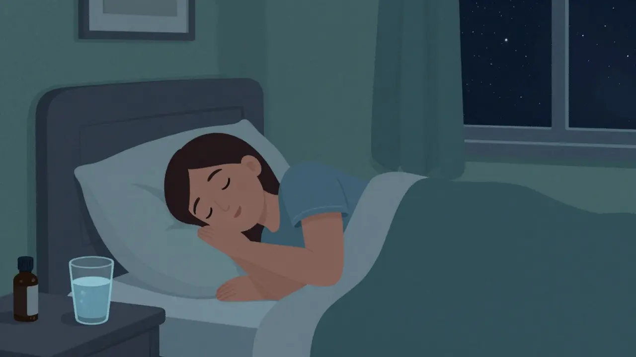 A person sleeping peacefully in a cozy room with a bottle of melatonin on the nightstand.