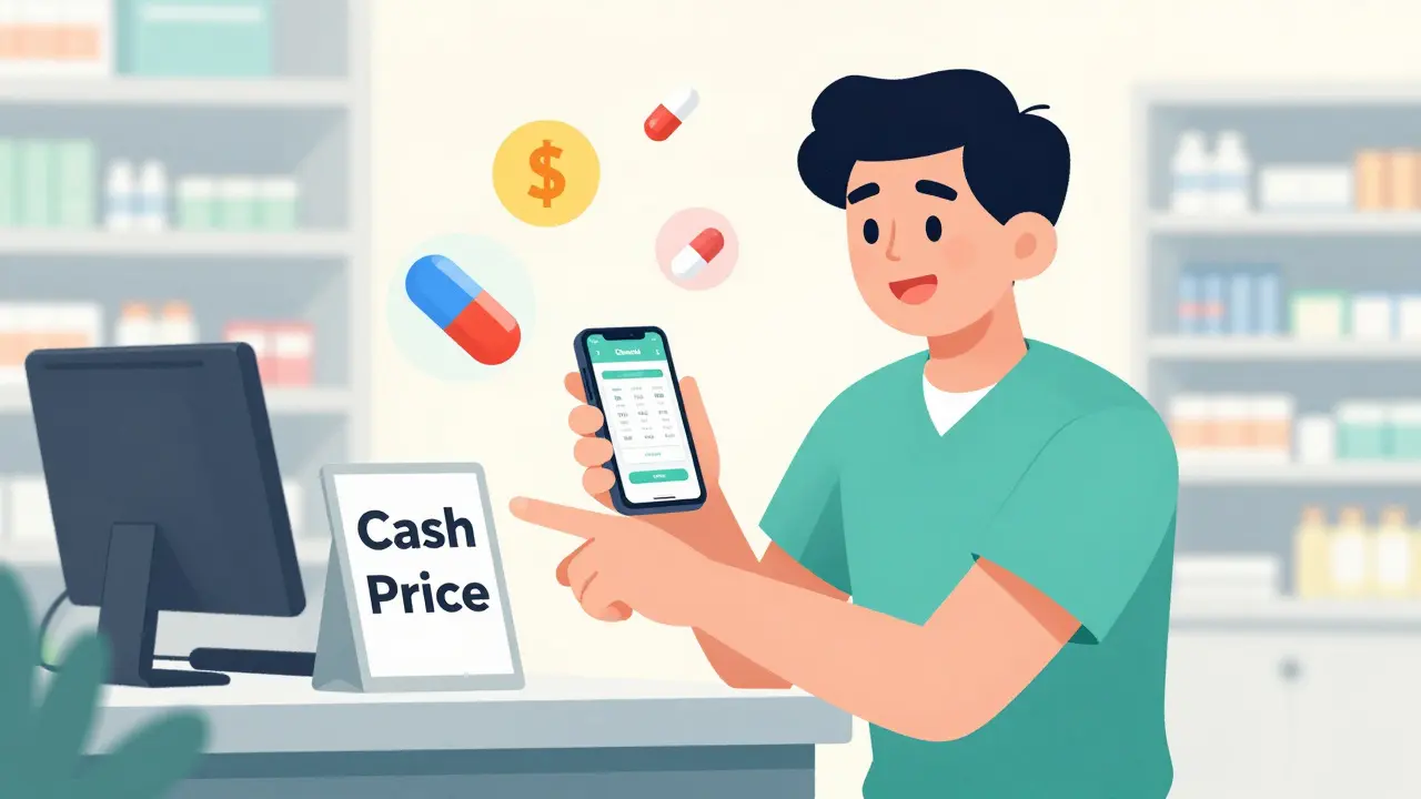 A person using a smartphone app to find the lowest cash price for medication at a pharmacy.