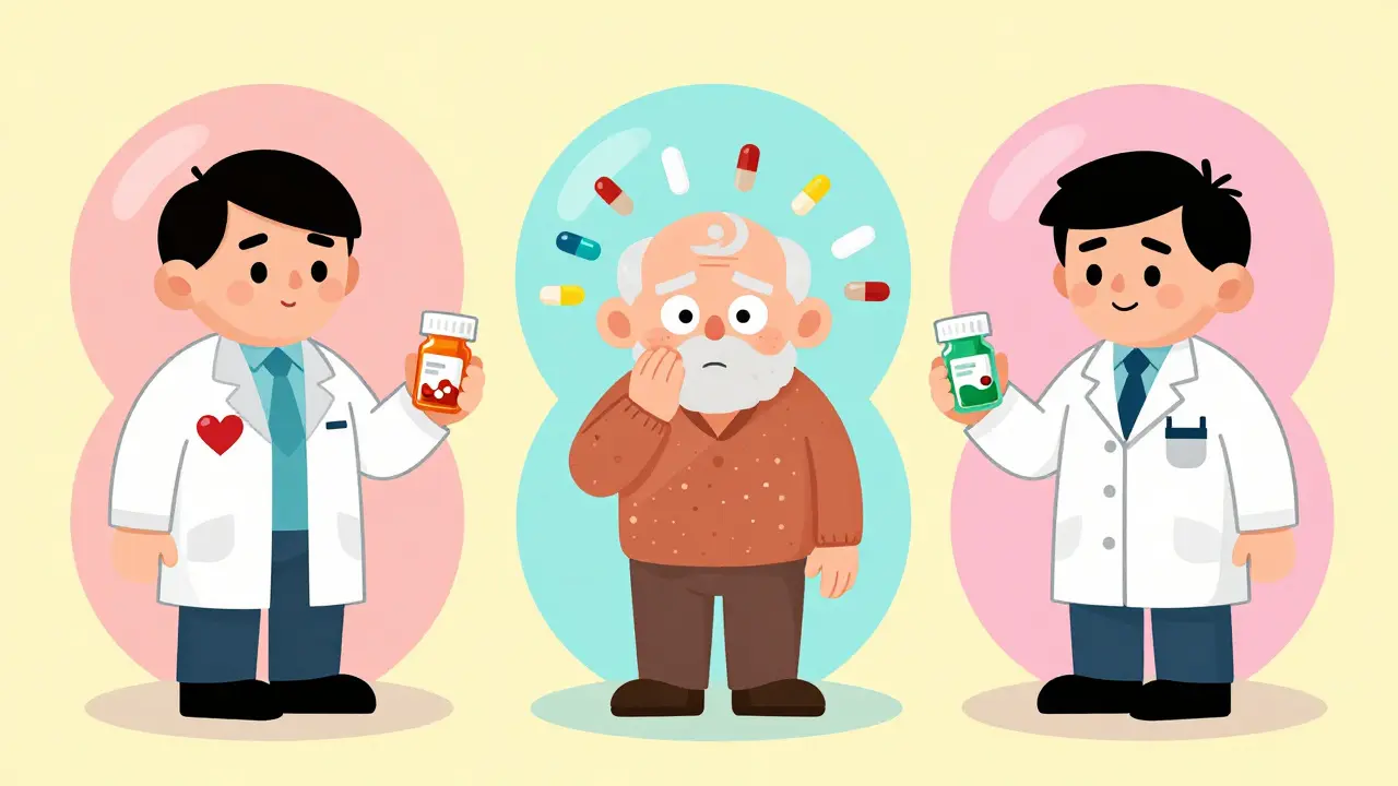 An elderly patient surrounded by different specialists each offering various medications.