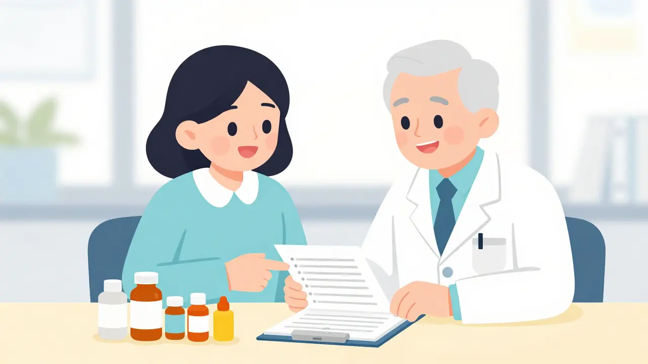 Caregiver and doctor reviewing a bag of medications together in CalArts style.