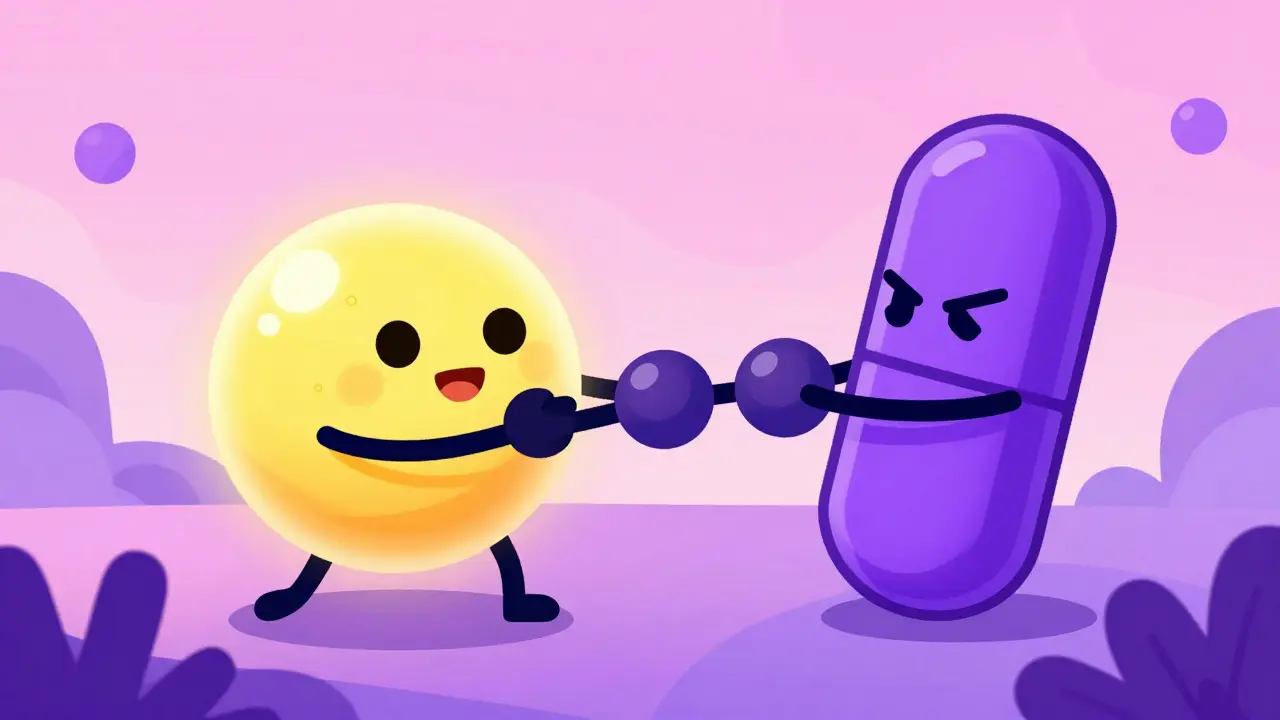 Conceptual illustration of a medication pill blocking a folic acid molecule.