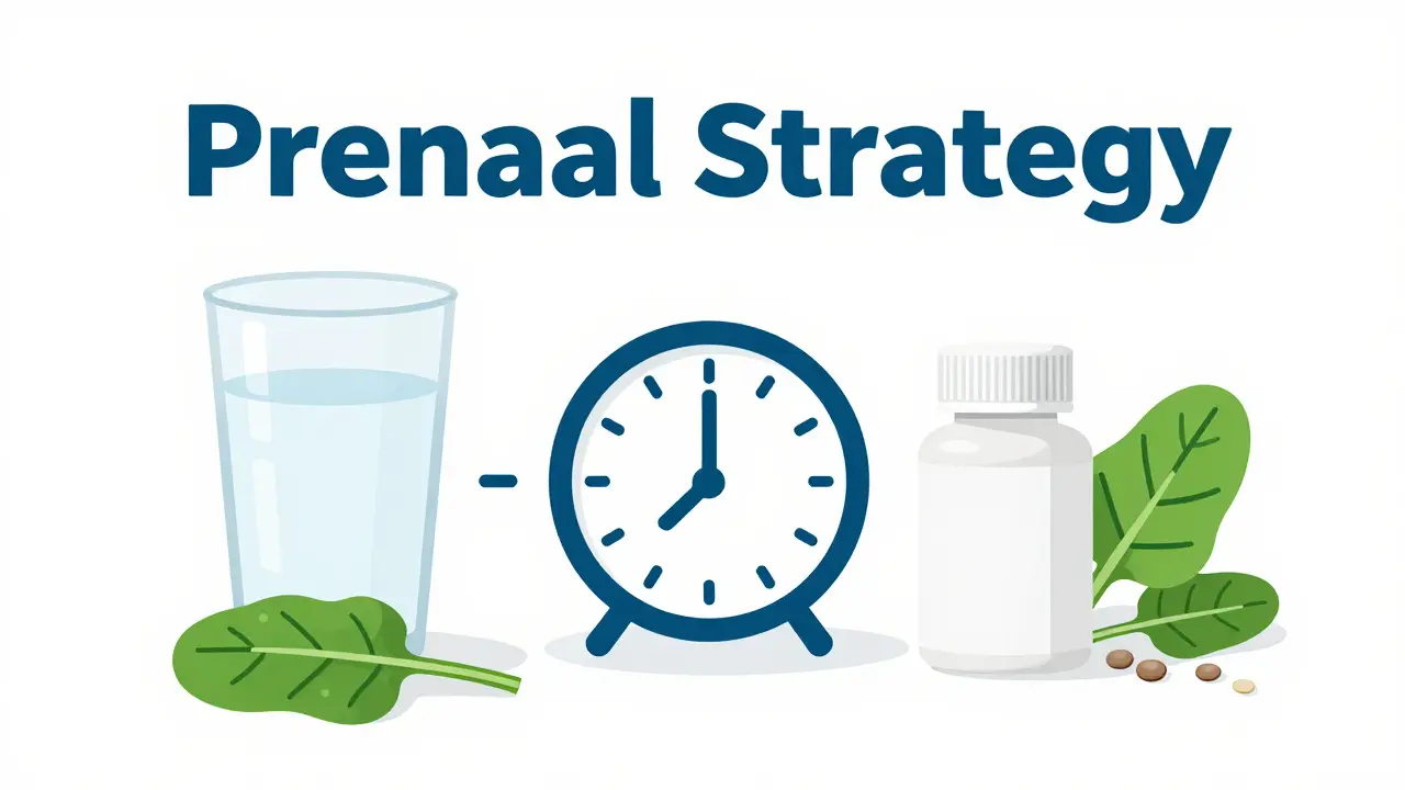 Organized layout of a water glass, supplement bottle, and a clock for timing.
