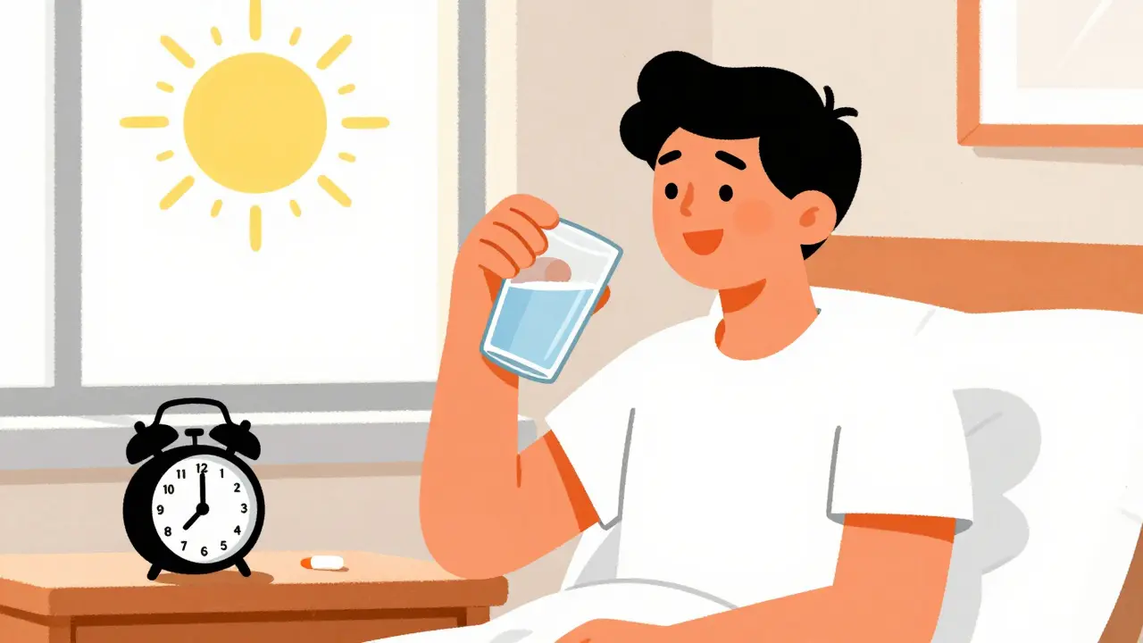 Person taking a pill with water in the bright morning sunlight